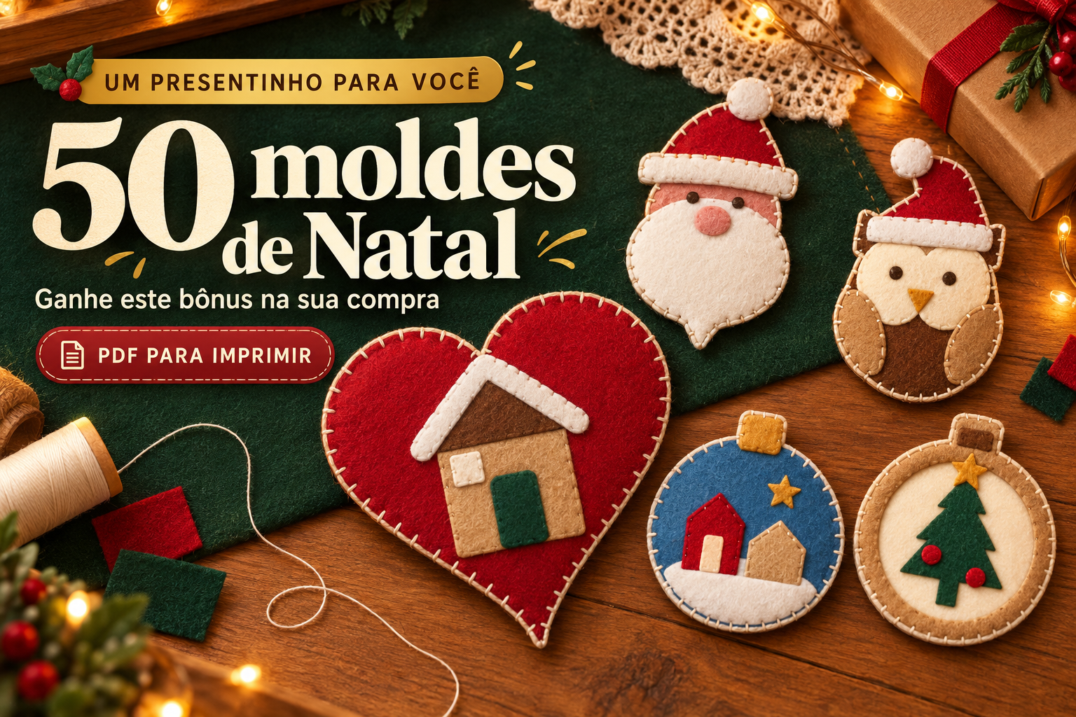 Banner promocional do bônus Natal de Aconchego com cinco enfeites natalinos e chamada de 50 moldes de Natal